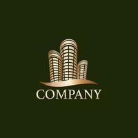 ilustración de rascacielos de oro futurista. plantilla de diseño de logotipo de bienes raíces de lujo vector