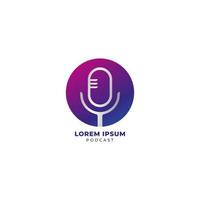 Minimal Podcast logo design template isolated on white background. microphone icon illustration with colorful ellipse shape. Broadcasting, Radio station. Magenta violet purple gradation color vector