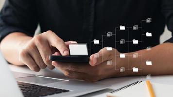 Document management concept. Virtual screen icons Document Management System DMS Online document database, software for efficient archiving, searching and management of company files and data. photo