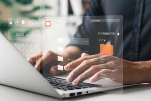 Document management concept. Virtual screen icons Document Management System DMS Online document database, software for efficient archiving, searching and management of company files and data. photo