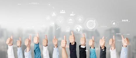Long term management and business development concept, businessman touch the virtual screen. Icon Business Operations Goals, Problem Solving, Workflow, High Quality Control and Innovation Development. photo