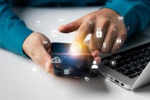 business man Fingerprint scanning and biometric authentication, cybersecurity and fingerprint password, future technology and cybernetics. photo