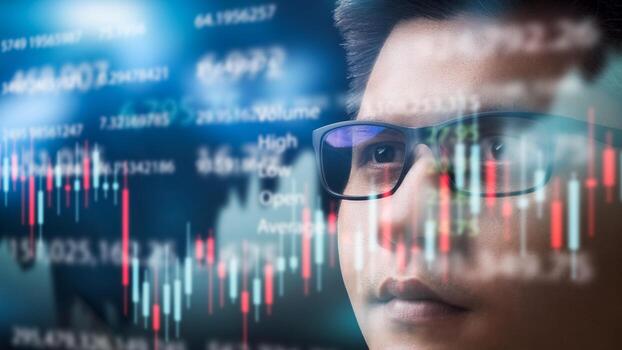 Close-up of businessman working in office, technical price chart and red and green candlestick chart indicator and computer screen background for stock trading, double exposure Traders analyze data. photo