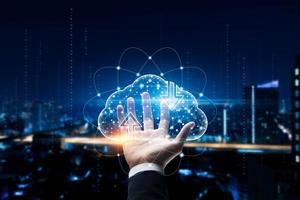 Cloud computing and online storage technologies, cloud computing and communications, connection to Internet server services for data transfer and data management on the city background. photo