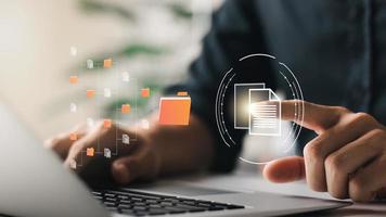 Document management system concept, virtual screen icon. Document Storage System DMS Online database, software for efficient management of company files and data. photo