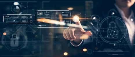 business man Fingerprint scanning and biometric authentication, cybersecurity and fingerprint password, future technology and cybernetics. photo