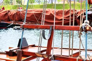 Sailing ship mast against the blue sky on some sailing boats with rigging details. photo