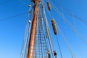 Sailing ship mast against the blue sky on some sailing boats with rigging details. photo