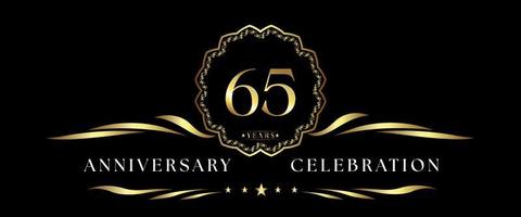 65 years anniversary celebration with gold decorative frame isolated on black background. Vector design for greeting card, birthday party, wedding, event party, ceremony. 65 years Anniversary logo.