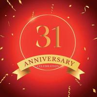 31 years anniversary celebration with gold frame and gold confetti isolated on red background. Vector design for greeting card, birthday party, wedding, event party. 31 years Anniversary logo.