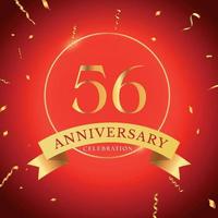 56 years anniversary celebration with gold frame and gold confetti isolated on red background. Vector design for greeting card, birthday party, wedding, event party. 56 years Anniversary logo.