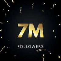 7m o 7 millones de seguidores con confeti dorado aislado en fondo negro. plantilla de tarjeta de felicitación para redes sociales amigos y seguidores. gracias, seguidores, logro. vector