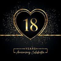 Celebración del aniversario de 18 años con corazón dorado y brillo dorado sobre fondo negro. diseño vectorial para saludo, fiesta de cumpleaños, boda, fiesta de eventos. logotipo de aniversario de 18 años vector