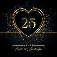 25 years anniversary celebration with gold heart and gold glitter on black background. Vector design for greeting, birthday party, wedding, event party. 25 years anniversary logo