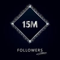 15M with silver glitter isolated on a navy-blue background. Greeting card template for social networks likes, subscribers, celebrating, friends, and followers. 15 million followers vector