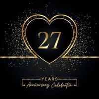 27 years anniversary celebration with gold heart and gold glitter on black background. Vector design for greeting, birthday party, wedding, event party. 27 years anniversary logo