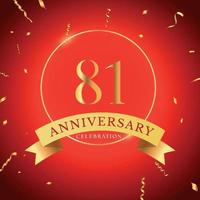 81 years anniversary celebration with gold frame and gold confetti isolated on red background. Vector design for greeting card, birthday party, wedding, event party. 81 years Anniversary logo.