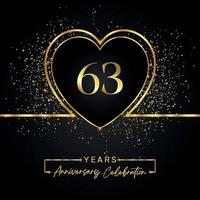 63 years anniversary celebration with gold heart and gold glitter on black background. Vector design for greeting, birthday party, wedding, event party. 63 years anniversary logo