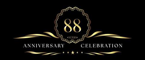 88 years anniversary celebration with gold decorative frame isolated on black background. Vector design for greeting card, birthday party, wedding, event party, ceremony. 88 years Anniversary logo.