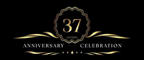 37 years anniversary celebration with gold decorative frame isolated on black background. Vector design for greeting card, birthday party, wedding, event party, ceremony. 37 years Anniversary logo.