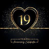 19 years anniversary celebration with gold heart and gold glitter on black background. Vector design for greeting, birthday party, wedding, event party. 19 years anniversary logo