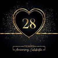 Celebración del aniversario de 28 años con corazón dorado y brillo dorado sobre fondo negro. diseño vectorial para saludo, fiesta de cumpleaños, boda, fiesta de eventos. logotipo de aniversario de 28 años vector