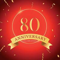 80 years anniversary celebration with gold frame and gold confetti isolated on red background. Vector design for greeting card, birthday party, wedding, event party. 80 years Anniversary logo.