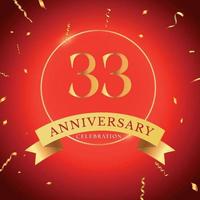 33 years anniversary celebration with gold frame and gold confetti isolated on red background. Vector design for greeting card, birthday party, wedding, event party. 33 years Anniversary logo.