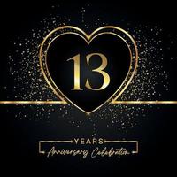 13 years anniversary celebration with gold heart and gold glitter on black background. Vector design for greeting, birthday party, wedding, event party. 13 years anniversary logo
