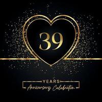 Celebración del aniversario de 39 años con corazón dorado y brillo dorado sobre fondo negro. diseño vectorial para saludo, fiesta de cumpleaños, boda, fiesta de eventos. logotipo de aniversario de 39 años vector