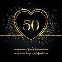 50 years anniversary celebration with gold heart and gold glitter on black background. Vector design for greeting, birthday party, wedding, event party. 50 years anniversary logo