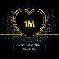 Thank you 1M or 1 Million followers with heart and gold glitter isolated on black background. Greeting card template for social networks friends, and followers. Thank you, followers, achievement. vector