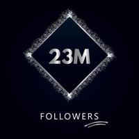 23M with silver glitter isolated on a navy-blue background. Greeting card template for social networks likes, subscribers, celebrating, friends, and followers. 23 million followers vector