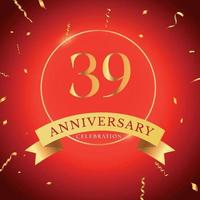 39 years anniversary celebration with gold frame and gold confetti isolated on red background. Vector design for greeting card, birthday party, wedding, event party. 39 years Anniversary logo.