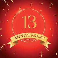 Celebración del aniversario de 13 años con marco dorado y confeti dorado aislado en el fondo rojo. diseño vectorial para tarjetas de felicitación, fiesta de cumpleaños, boda, fiesta de eventos. Logotipo de aniversario de 13 años. vector