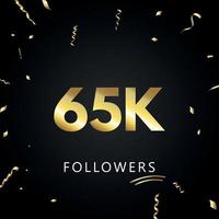 65k o 65 mil seguidores con confeti dorado aislado en fondo negro. plantilla de tarjeta de felicitación para amigos y seguidores de las redes sociales. gracias, seguidores, logro. vector