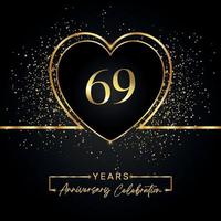 69 years anniversary celebration with gold heart and gold glitter on black background. Vector design for greeting, birthday party, wedding, event party. 69 years anniversary logo