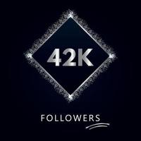 42K or 42 thousand followers with frame and silver glitter isolated on dark navy blue background. Greeting card template for social networks friends, and followers. Thank you, followers, achievement. vector