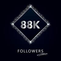 88k o 88 mil seguidores con marco y brillo plateado aislado sobre fondo azul marino oscuro. plantilla de tarjeta de felicitación para amigos y seguidores de las redes sociales. gracias, seguidores, logro. vector