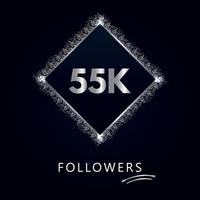 55k o 55 mil seguidores con marco y brillo plateado aislado sobre fondo azul marino oscuro. plantilla de tarjeta de felicitación para redes sociales amigos y seguidores. gracias, seguidores, logro. vector