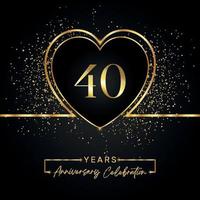 40 years anniversary celebration with gold heart and gold glitter on black background. Vector design for greeting, birthday party, wedding, event party. 40 years anniversary logo