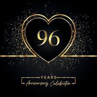 96 years anniversary celebration with gold heart and gold glitter on black background. Vector design for greeting, birthday party, wedding, event party. 96 years anniversary logo