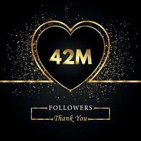 gracias 42m o 42 millones de seguidores con corazón y brillo dorado aislado en fondo negro. plantilla de tarjeta de felicitación para redes sociales amigos y seguidores. gracias, seguidores, logro. vector