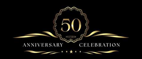 50 years anniversary celebration with gold decorative frame isolated on black background. Vector design for greeting card, birthday party, wedding, event party, ceremony. 50 years Anniversary logo.
