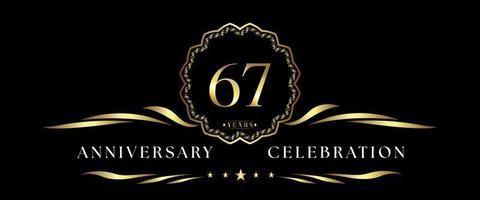 67 years anniversary celebration with gold decorative frame isolated on black background. Vector design for greeting card, birthday party, wedding, event party, ceremony. 67 years Anniversary logo.