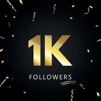 1k o 1 mil seguidores con confeti dorado aislado en fondo negro. plantilla de tarjeta de felicitación para amigos y seguidores de las redes sociales. gracias, seguidores, logro. vector