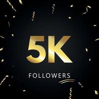 5k o 5 mil seguidores con confeti dorado aislado en fondo negro. plantilla de tarjeta de felicitación para redes sociales amigos y seguidores. gracias, seguidores, logro. vector