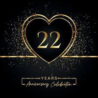 Celebración del aniversario de 22 años con corazón dorado y brillo dorado sobre fondo negro. diseño vectorial para saludo, fiesta de cumpleaños, boda, fiesta de eventos. logotipo de aniversario de 22 años vector