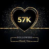 Thank you 57K or 57 thousand followers with heart and gold glitter isolated on black background. Greeting card template for social networks friends, and followers. Thank you, followers, achievement. vector