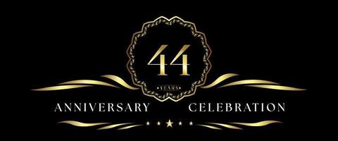 44 years anniversary celebration with gold decorative frame isolated on black background. Vector design for greeting card, birthday party, wedding, event party, ceremony. 44 years Anniversary logo.